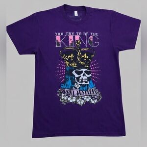 Purple Graphic T-Shirt with Skull and Crown Design